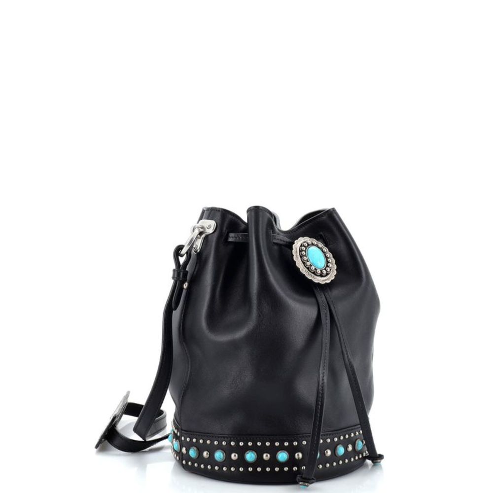 Black Leather Bucket Bag with Turquoise Stud Accents - Picture 2 of 12